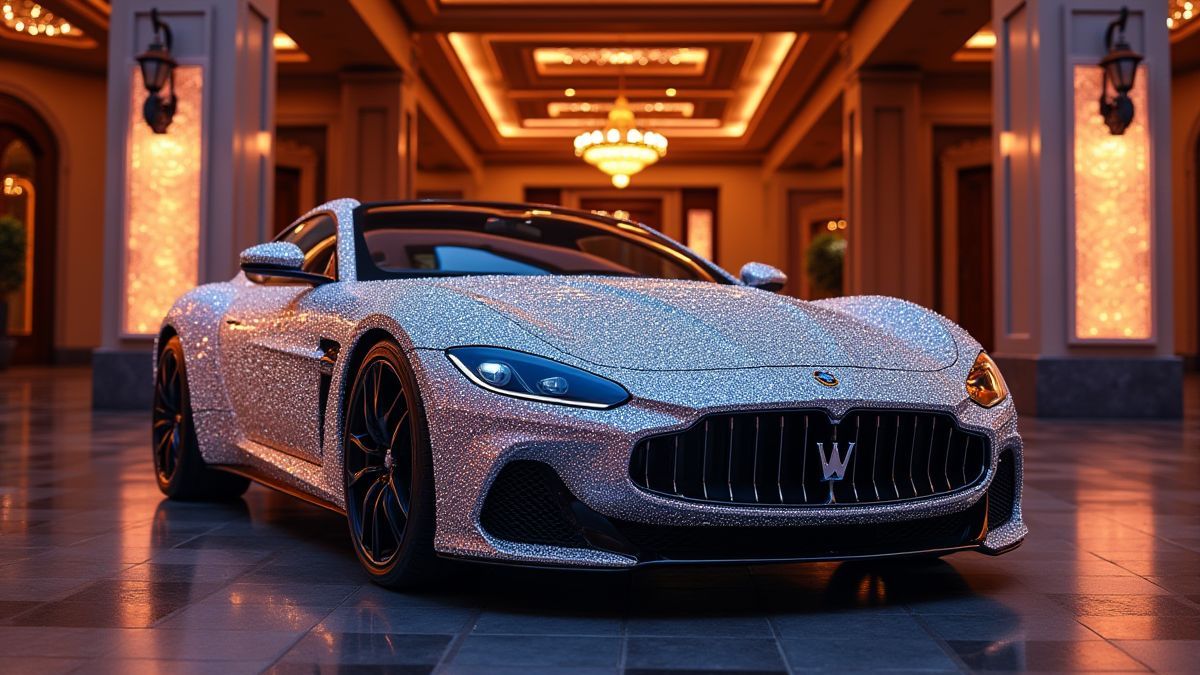 Coche de lujo con diamantes aparcado cerca de la entrada de un casino glamuroso.