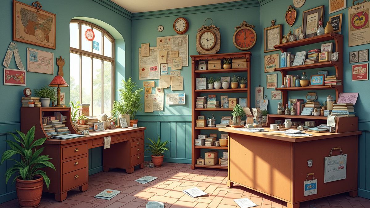 Interior de una oficina de correos llena de cartas y sellos.