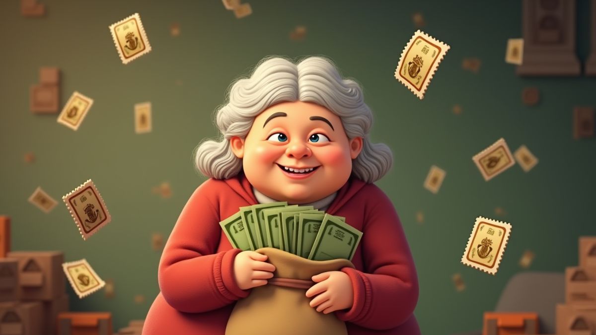 Una abuela sosteniendo un saco de dinero rodeada de sellos.