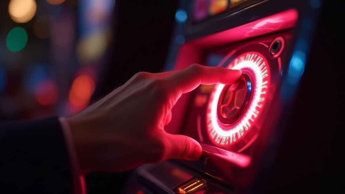 Hand drückt den Spin-Button an einem Spielautomaten.