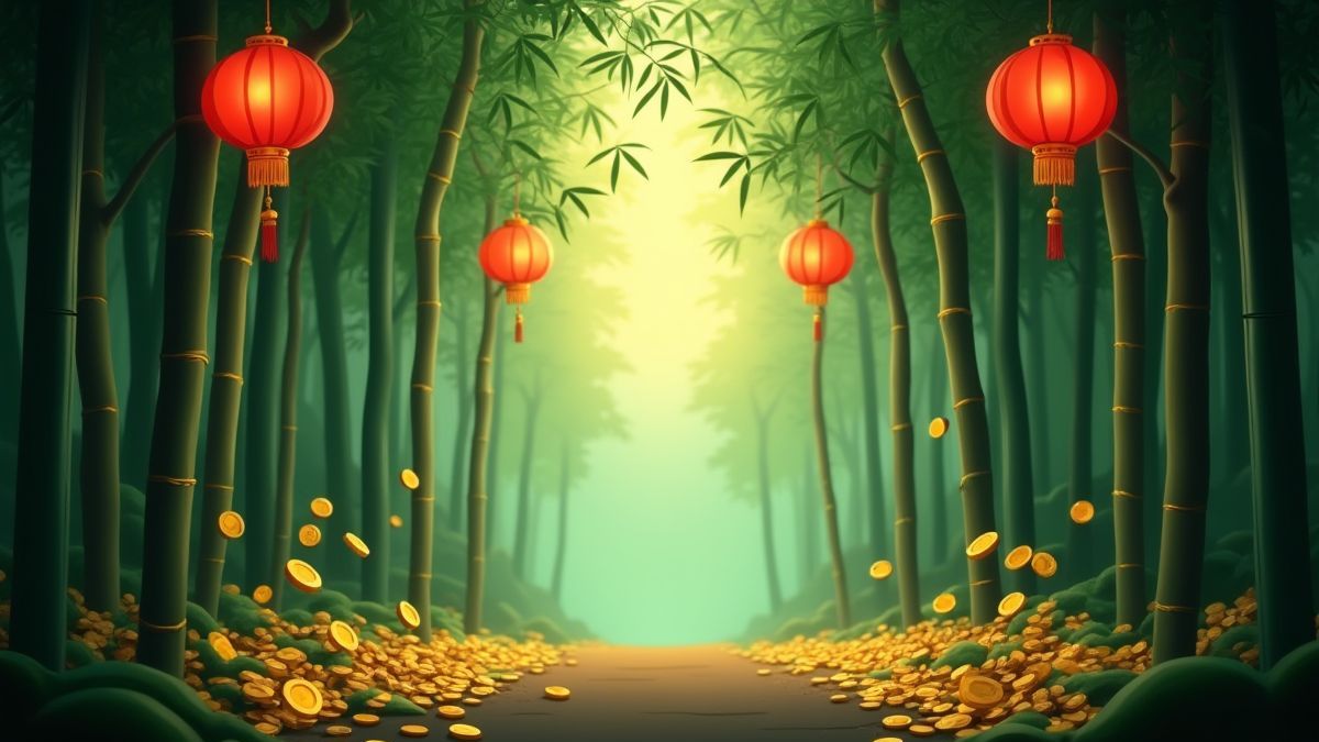 Bosque de bambú animado con monedas doradas y farolillos rojos colgando.