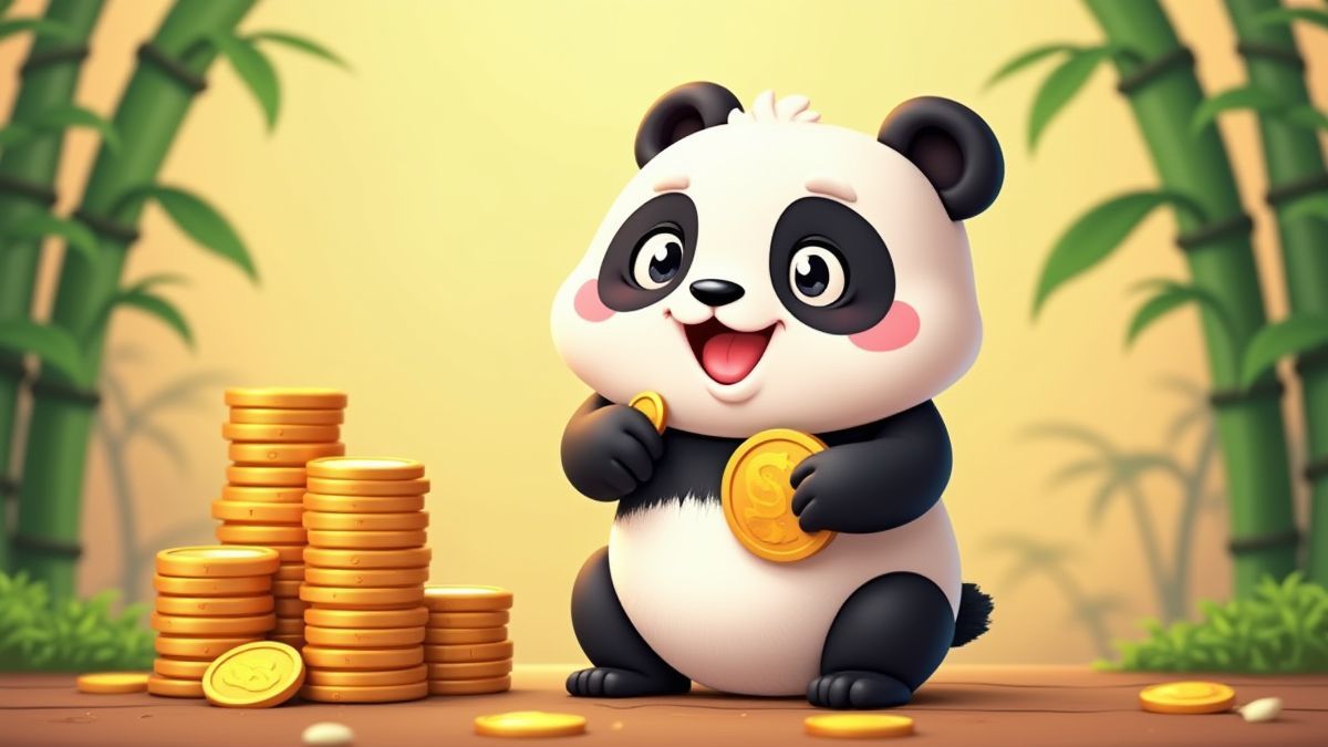 Panda en estilo caricatura sosteniendo una moneda dorada junto a una pila de monedas y una planta de bambú.