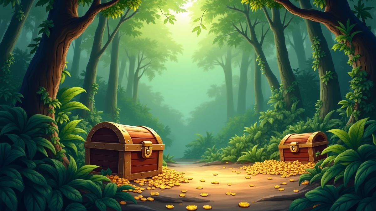 Imagen de una jungla vibrante con cofres del tesoro y monedas de oro dispersas.