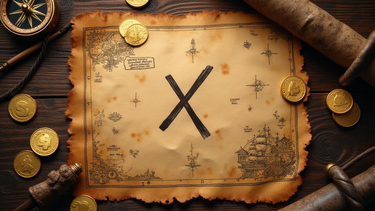 Schatzkarte mit einem X, das den Schatz markiert, umgeben von piratenthemen Objekten wie einem Kompass und Goldmünzen.