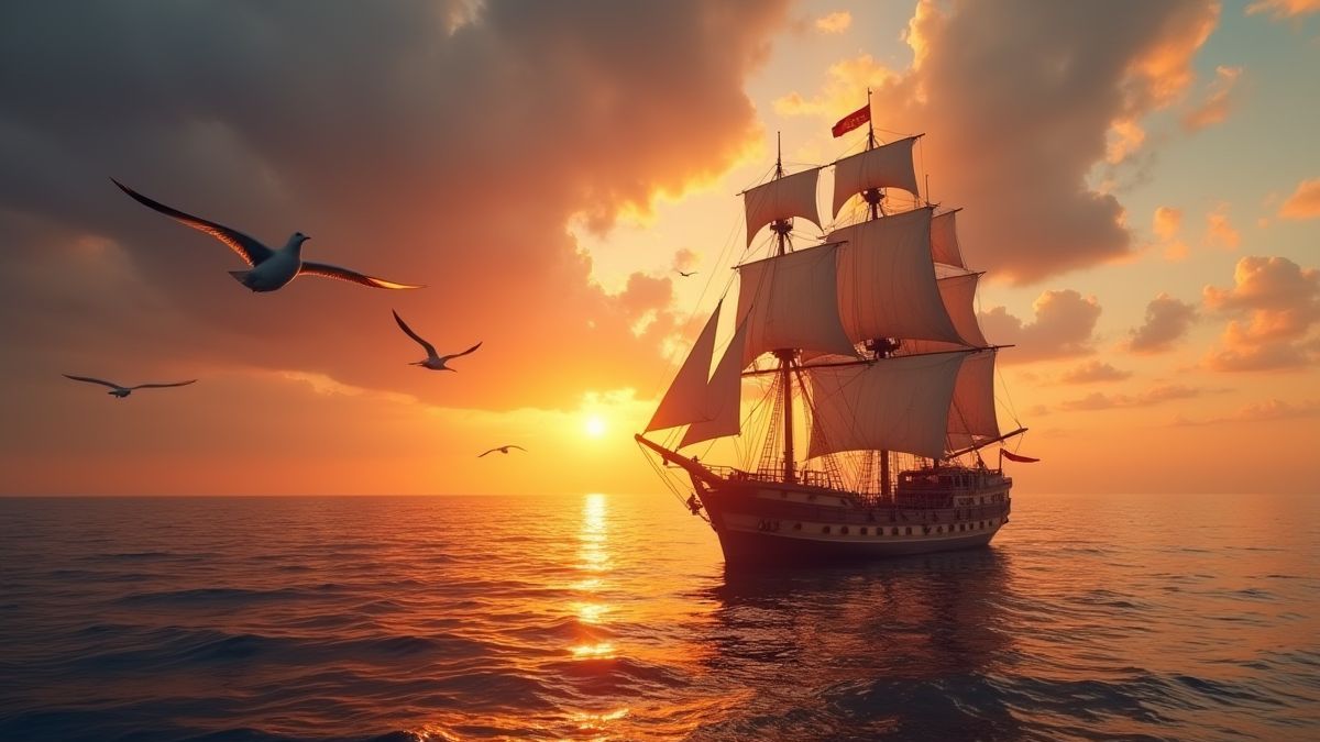 Ein Piratenschiff segelt bei Sonnenuntergang über den Ozean, umgeben von Möwen.
