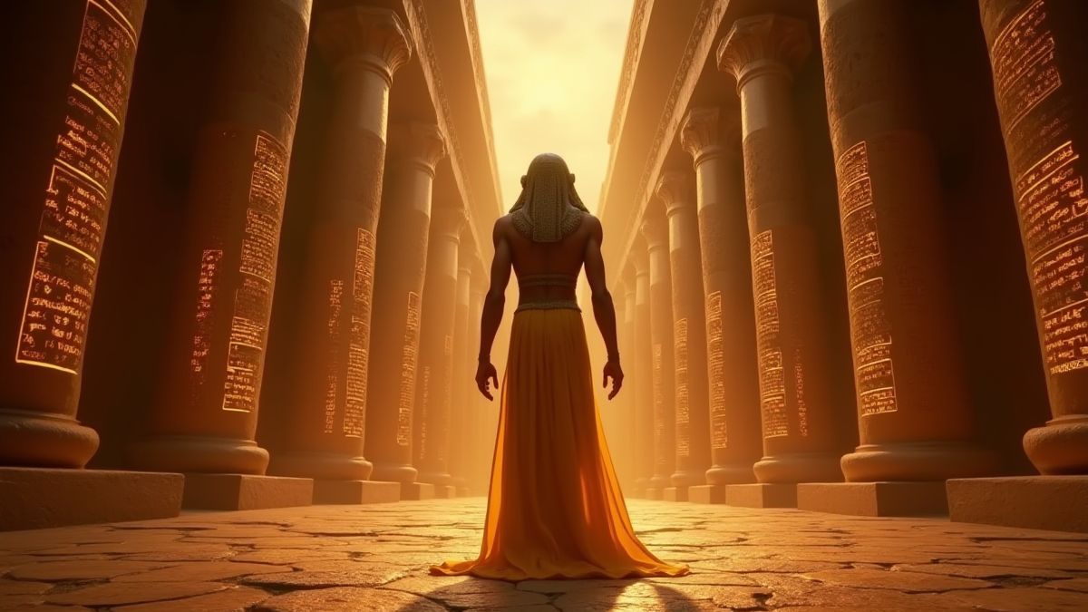 Representatie van Thoth in een oud tempel met gloeiende inscripties.