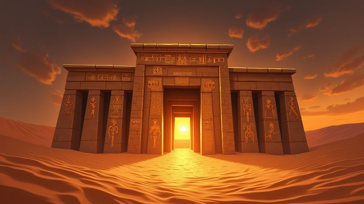 Egyptisch tempel omgeven door zandduinen en gloeiende hiërogliefen.