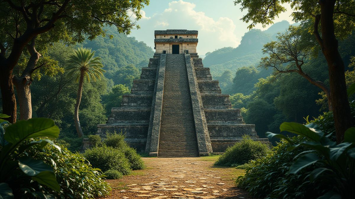 Templo azteca rodeado de vegetación y artefactos dorados.