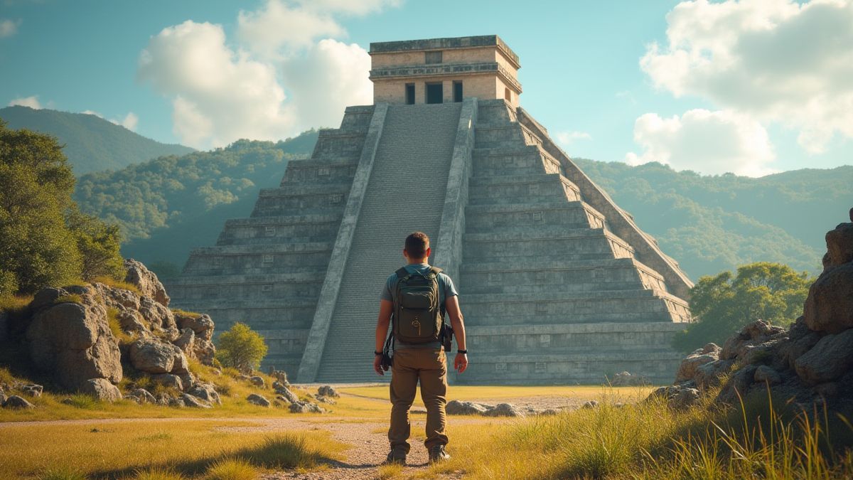 Explorador aventurero frente a una pirámide azteca.