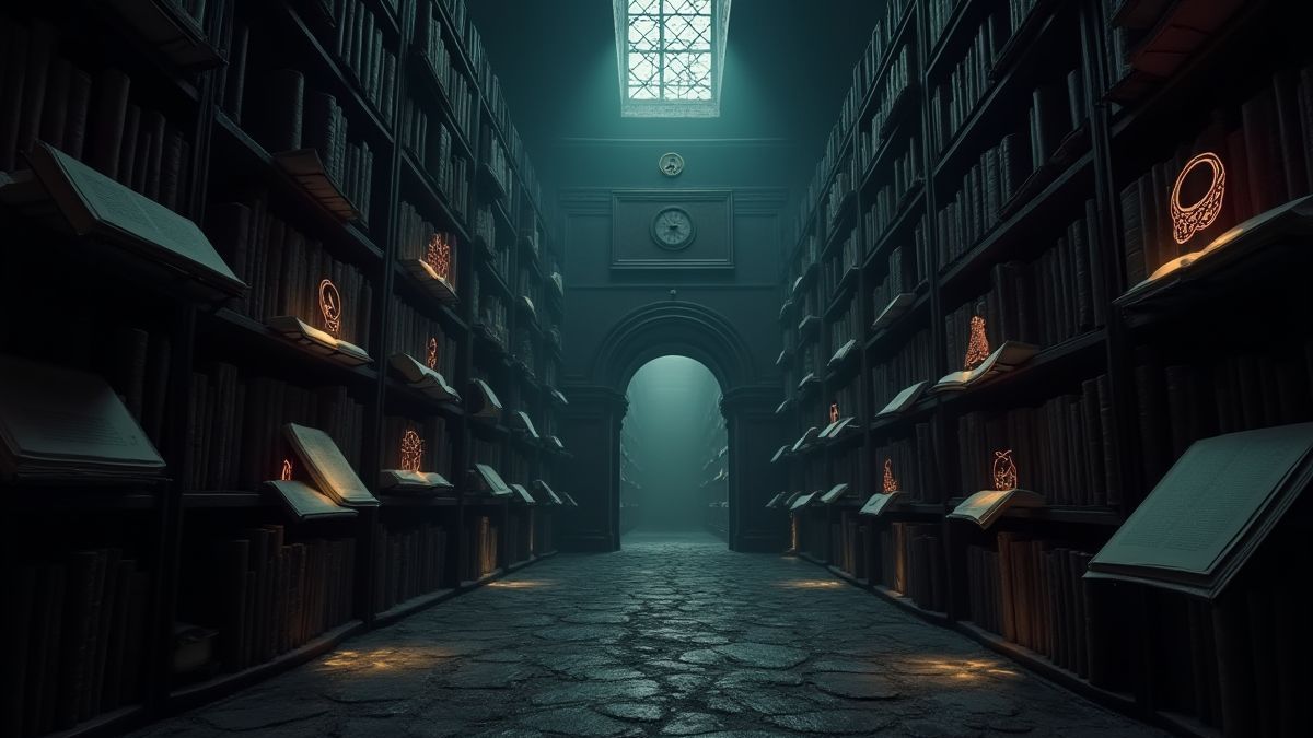 Una biblioteca misteriosa con libros flotantes y símbolos mágicos brillantes.