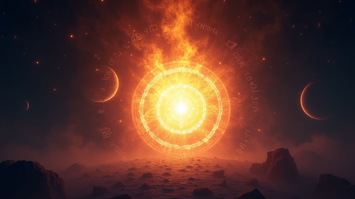 Un portal brillante rodeado de energía mística y símbolos.