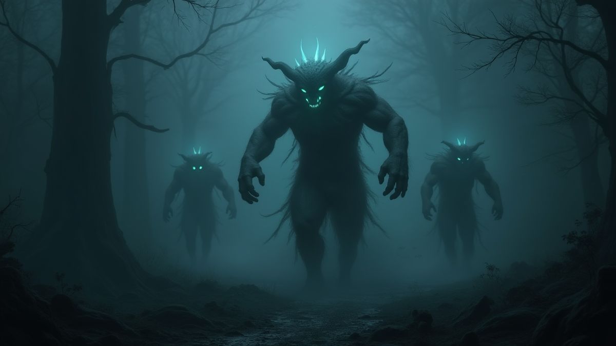 Runas oscuras y misteriosas brillando en un entorno nebuloso.