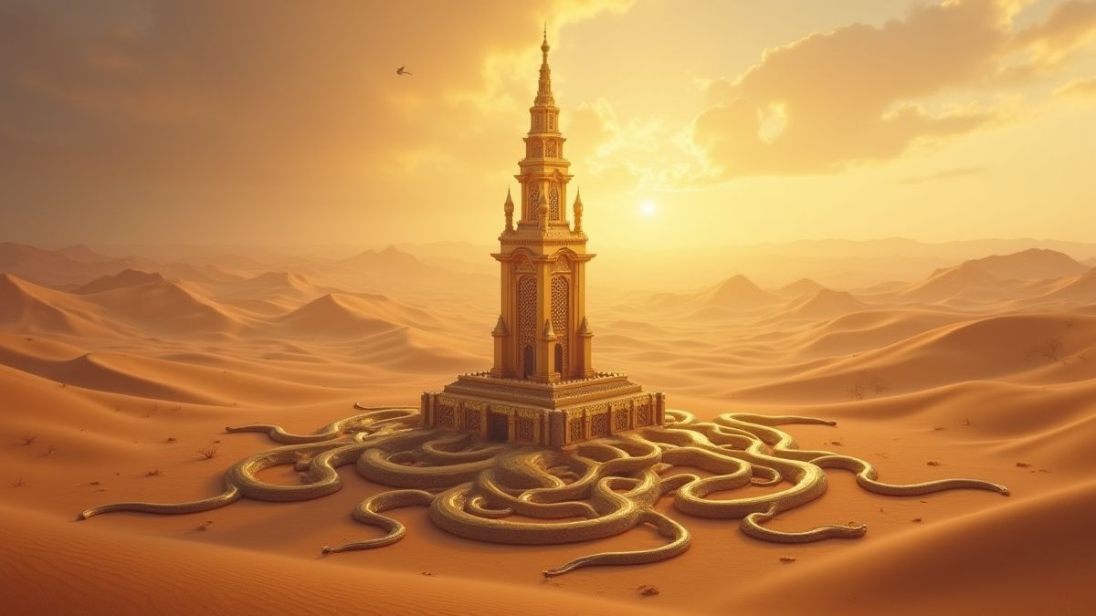 Una torre dorada en el desierto árabe rodeada de serpientes.