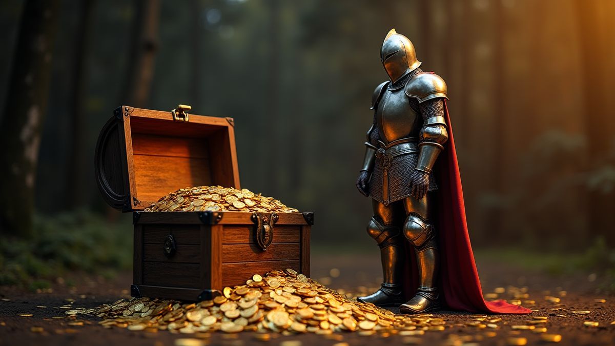 Medieval knight beside a treasure chest filled with gold coins.