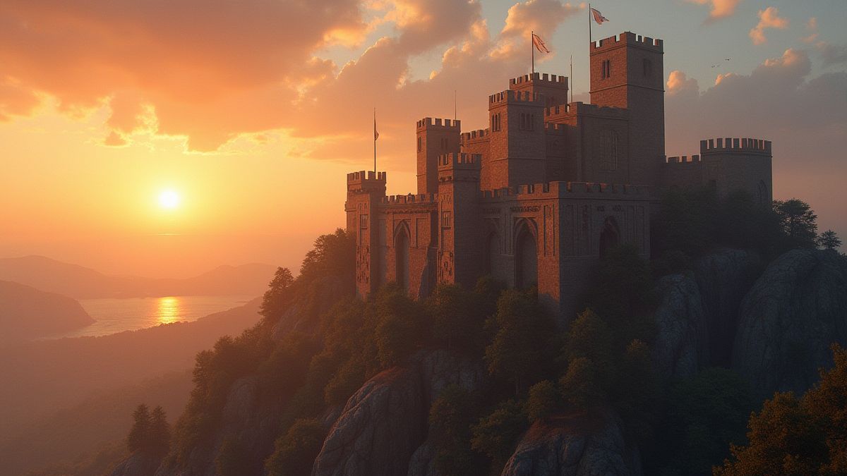 Medieval castle with banners flying and the sun setting in the background.
