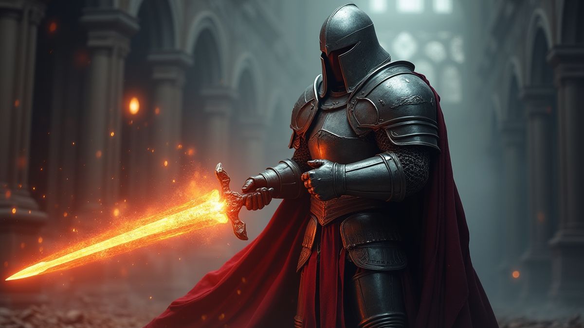 Medieval knight holding a glowing sword with a magical aura.