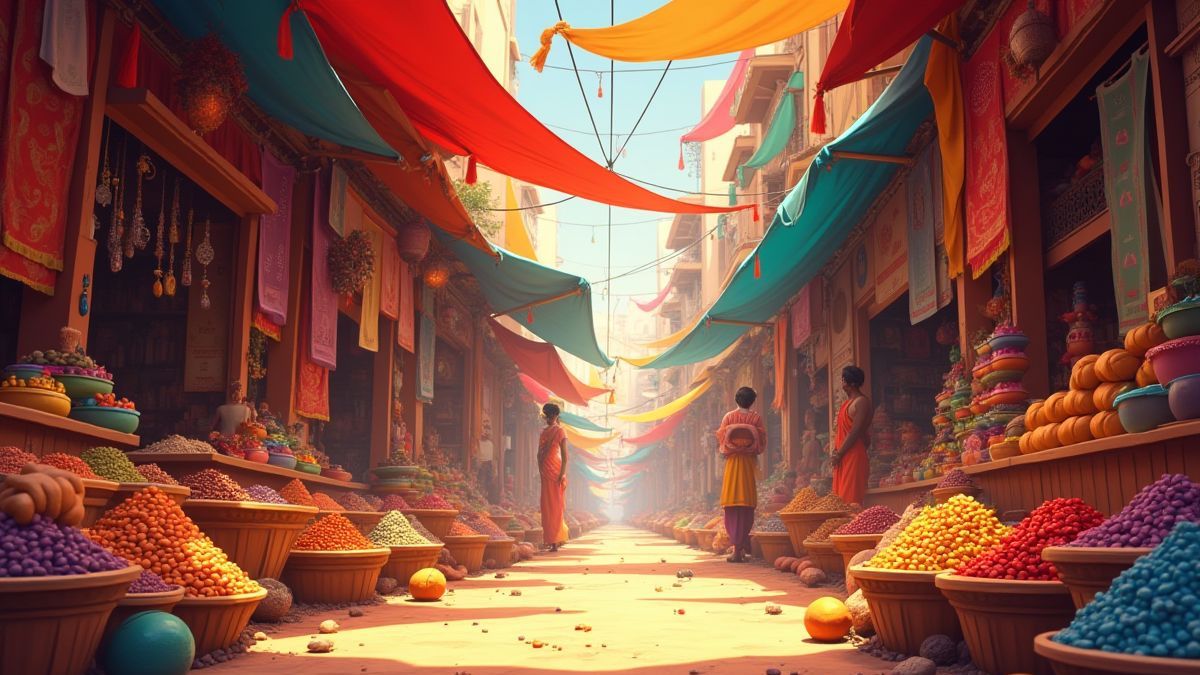 Marché coloré en Inde avec des tissus et des épices