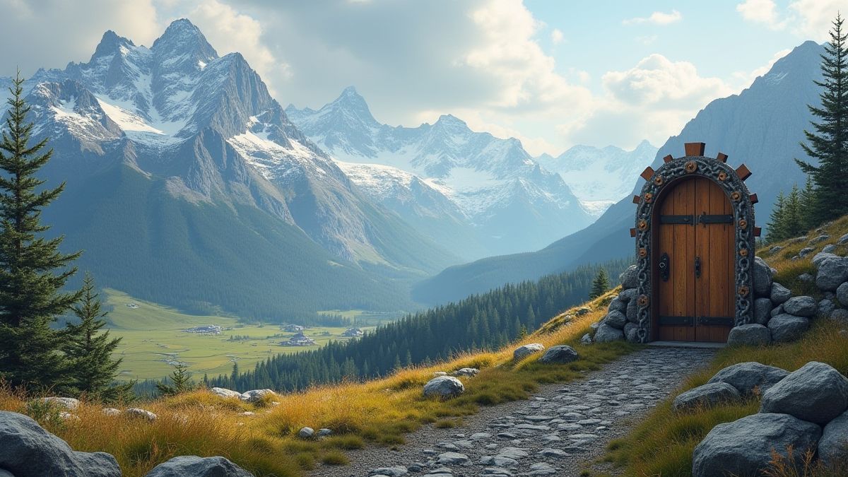 Paisagem escandinava com elementos nórdicos.