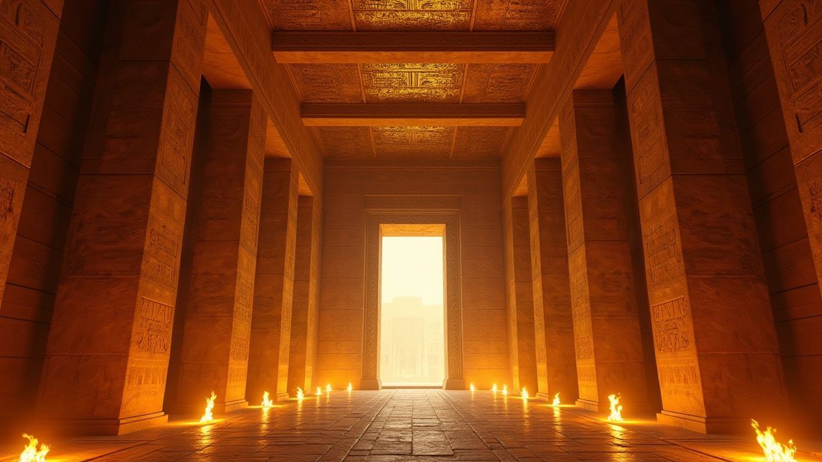 Intérieur d'un temple égyptien avec des hiéroglyphes dorés et des torches illuminées.