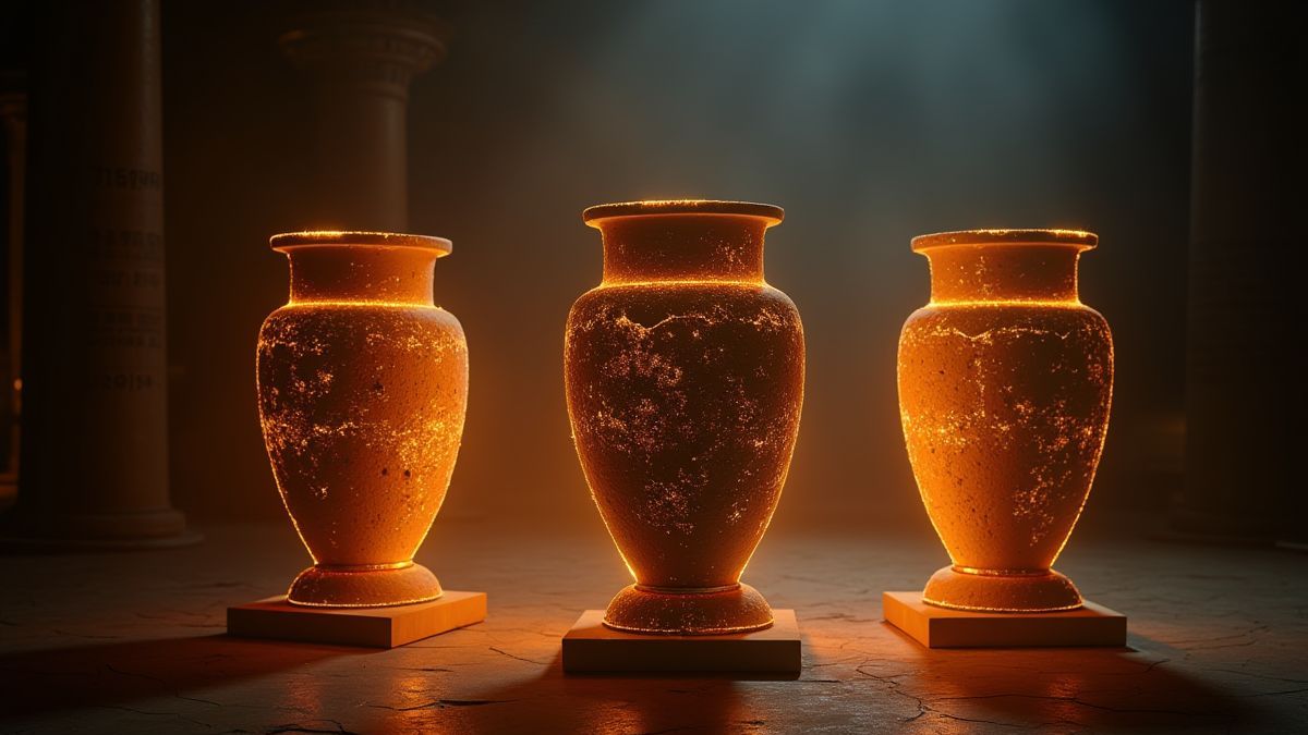 Trois urnes égyptiennes brillantes avec une lumière mystérieuse.