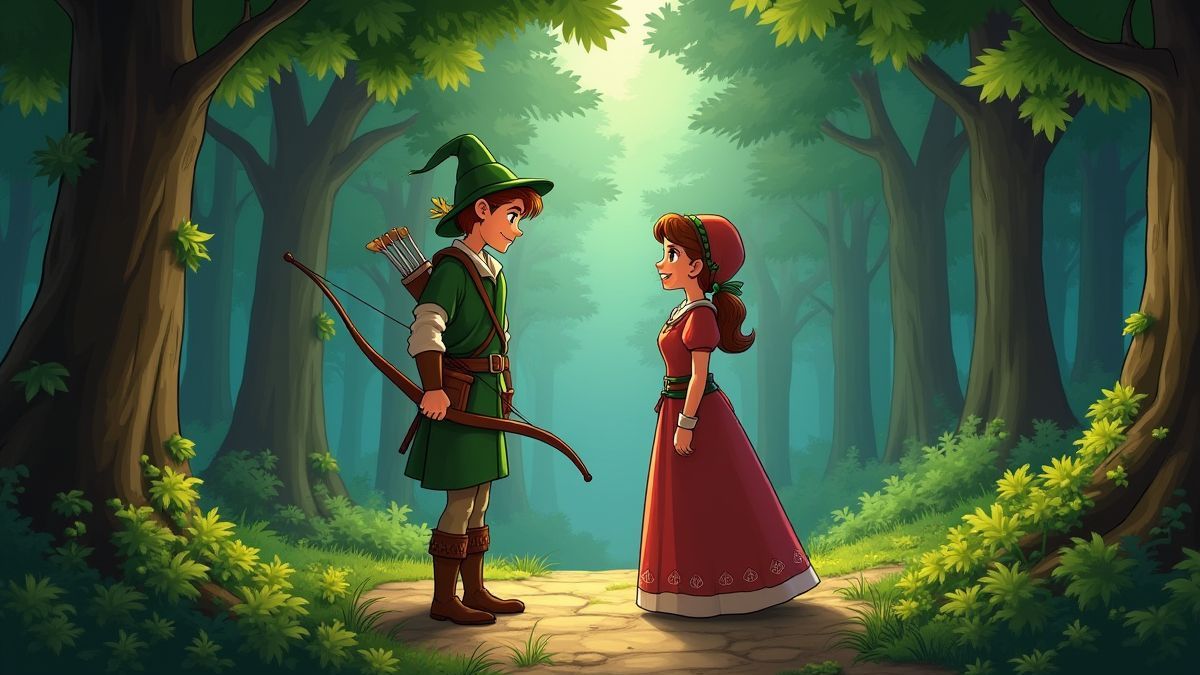 Une forêt médiévale avec Robin Hood et Lady Marian ensemble.