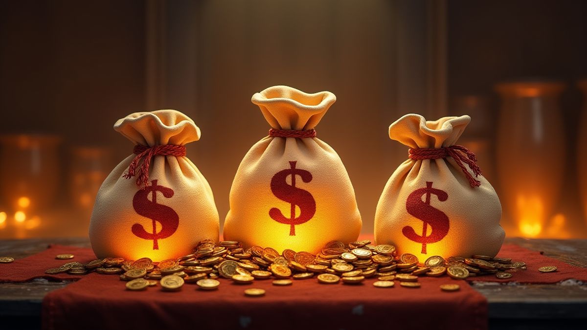 Sacs d'argent brillants avec des trésors médiévaux.