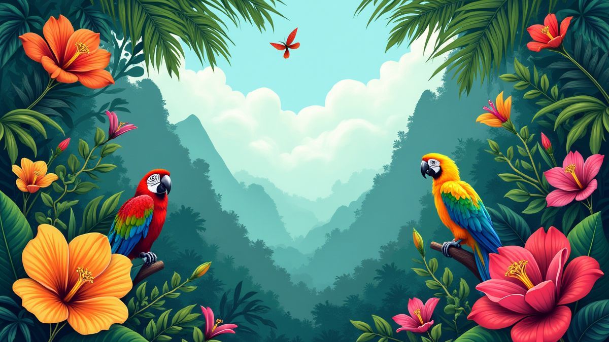 Uma cena animada da selva tropical com flores e animais exóticos.