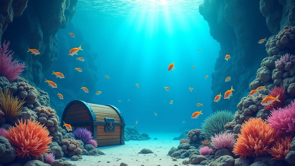 Koraalrif vol vissen en een verborgen schatkist tussen de rotsen.