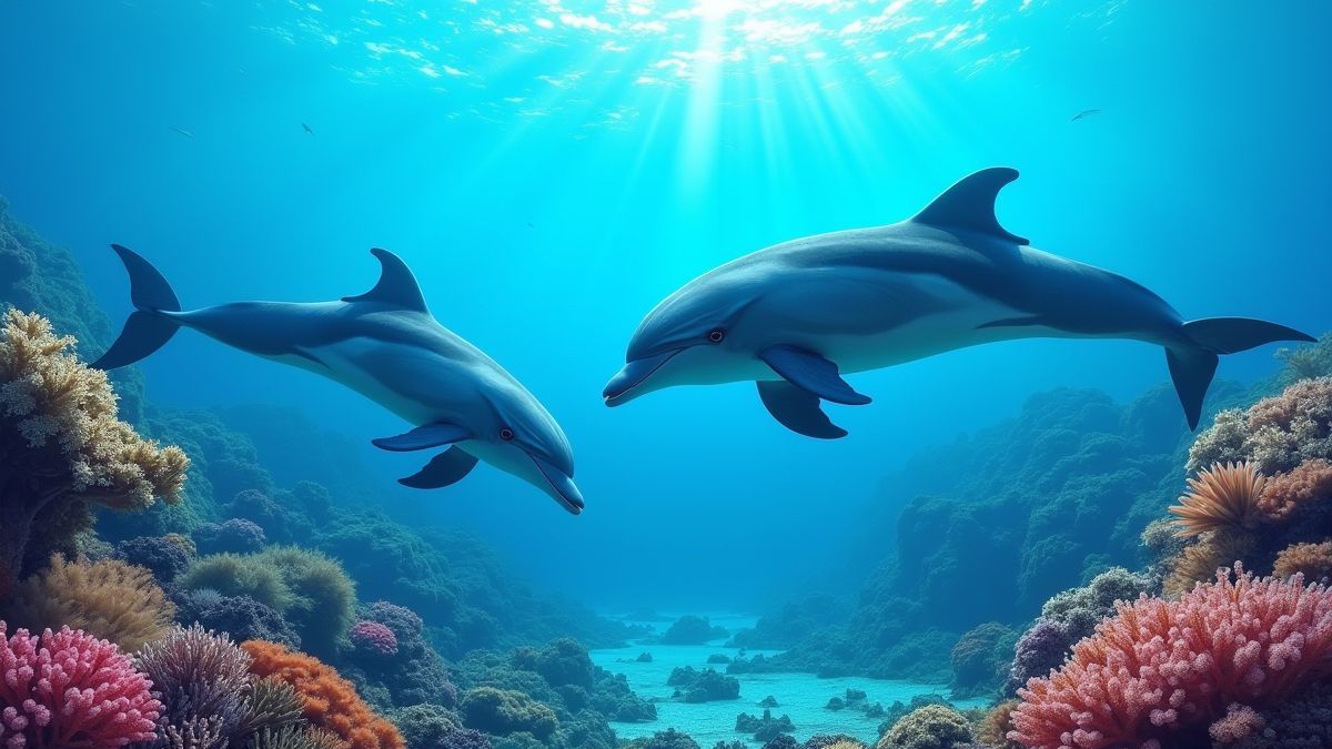 Dolfijnen die tussen kleurrijke koraalriffen zwemmen.