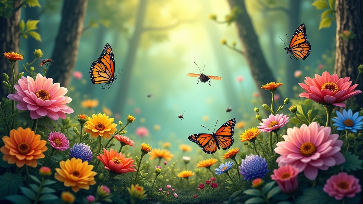 Un forêt pleine d'insectes et de fleurs vibrantes.