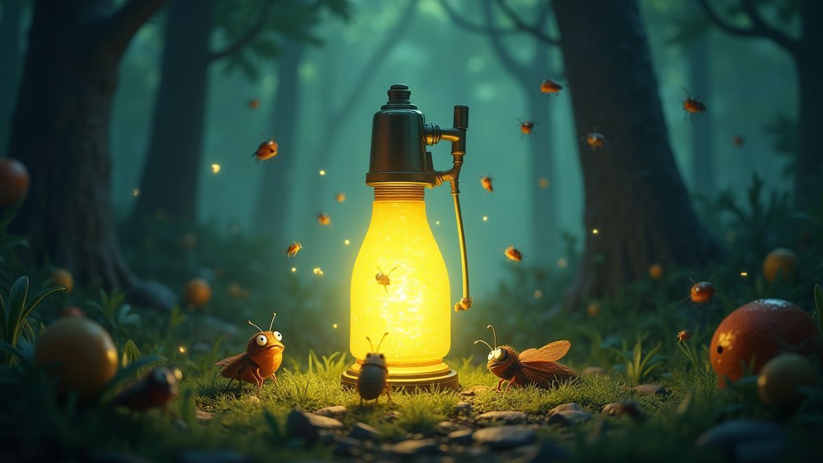 Un zapper lumineux entouré d'insectes animés dans un cadre forestier magique.