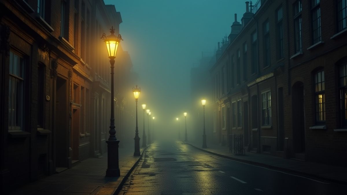Calles de Londres victorianas con farolas iluminadas.