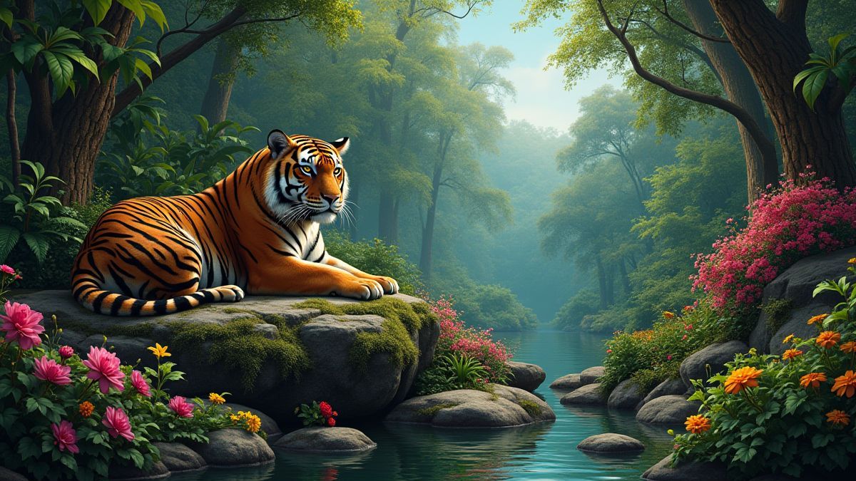 Uma selva exuberante com flores vibrantes e um tigre majestoso descansando em uma rocha.