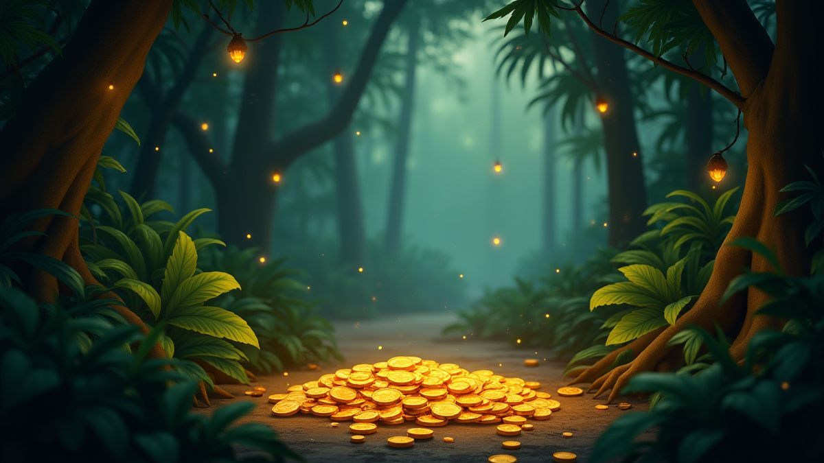 Uma selva resplandecente com moedas de ouro caindo e vagalumes brilhando.