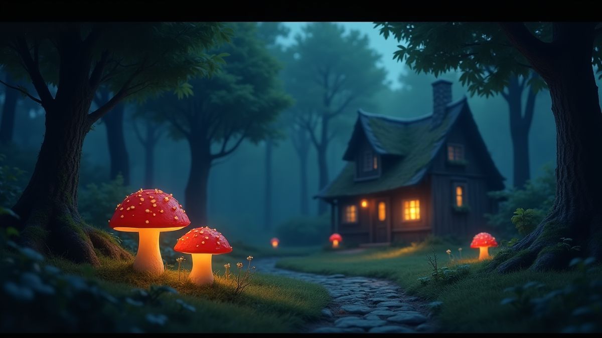 Uma floresta animada com cogumelos luminosos e uma cabana misteriosa.