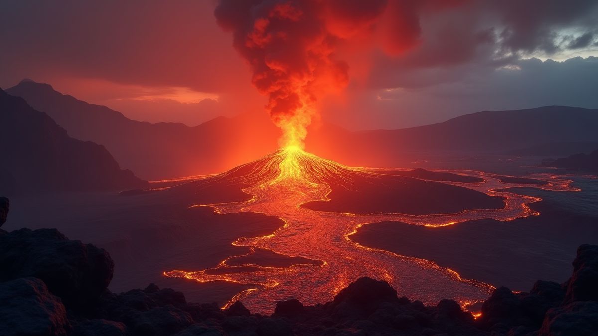 Vulkanische Eruption mit fließender Lava und einem mystischen Glühen am Himmel.
