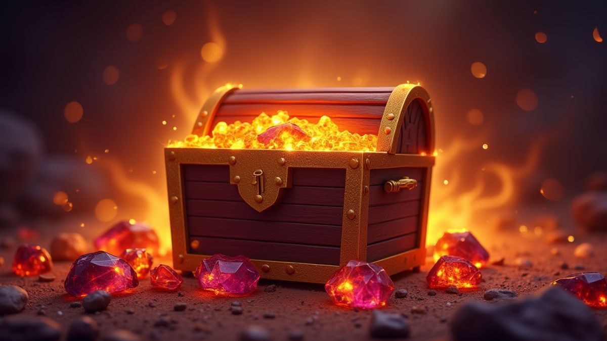 Eine Schatztruhe, umgeben von einem feurigen Glühen.