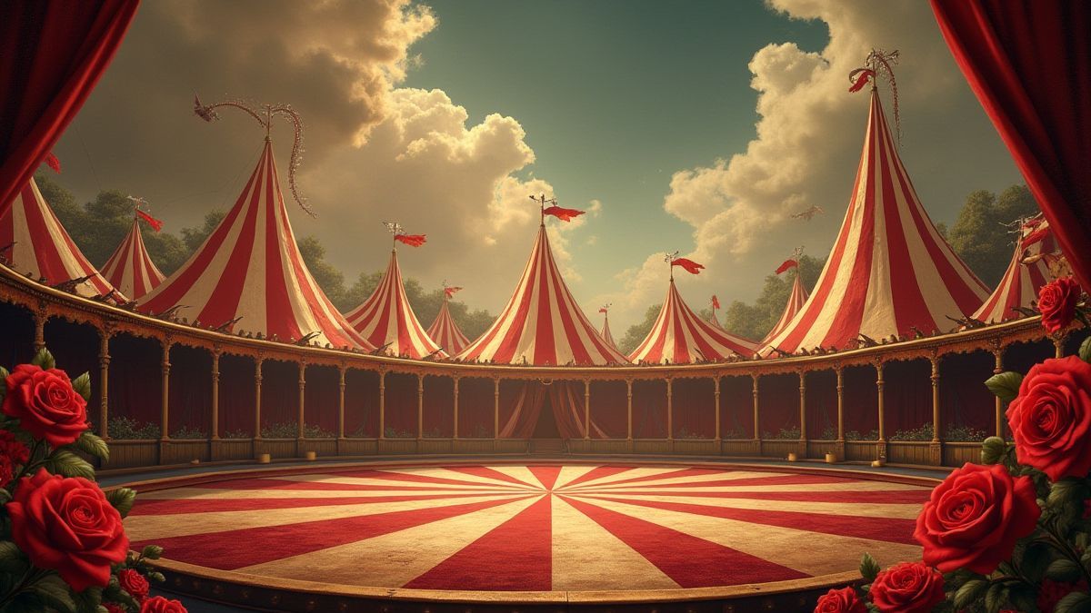 Un cirque vintage décoré avec des roses et des anneaux dorés.