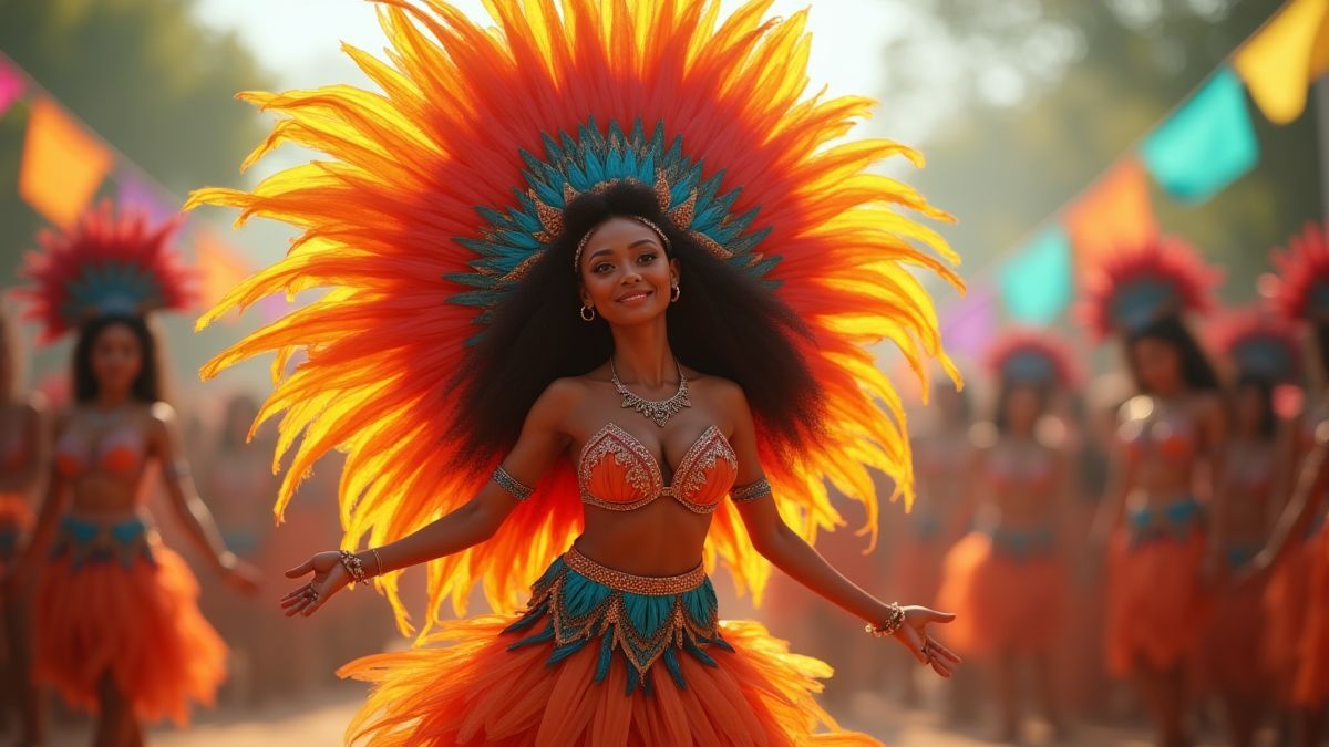 Uma bailarina de samba animada com traje de plumas, bailando no carnaval.