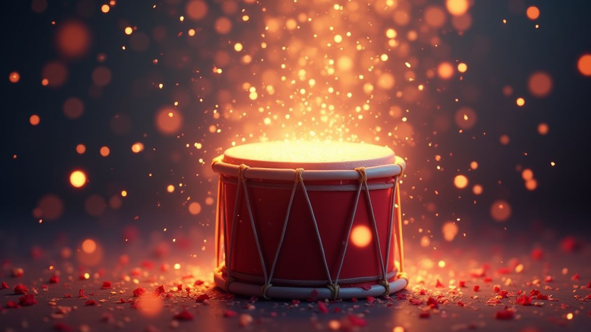 Um tambor animado festivo rodeado de confete e fogos de artifício.
