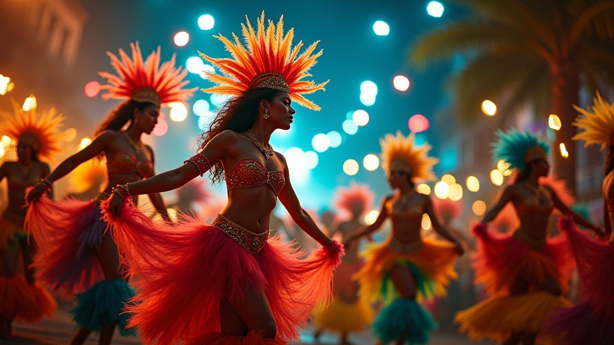 Scène de carnaval brésilien avec danseurs et lumières vibrantes.