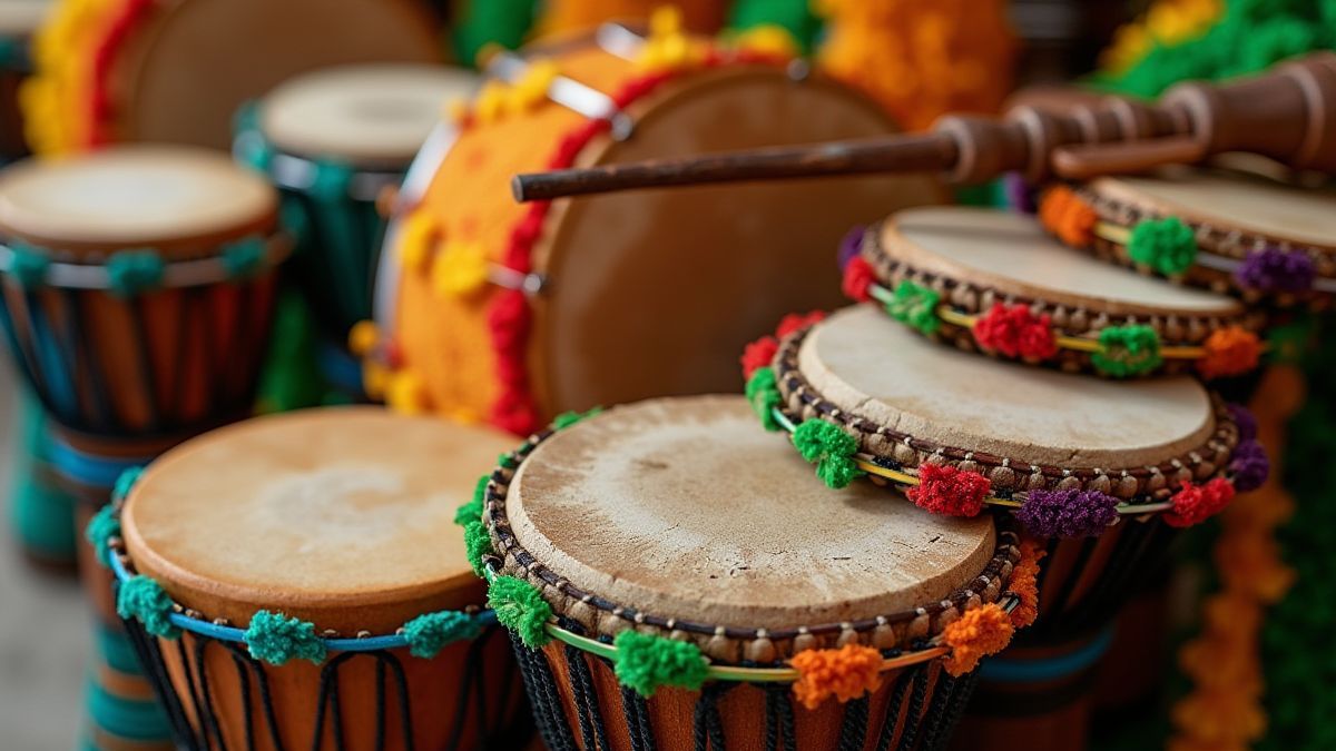 Instruments de musique du carnaval brésilien avec décorations colorées.