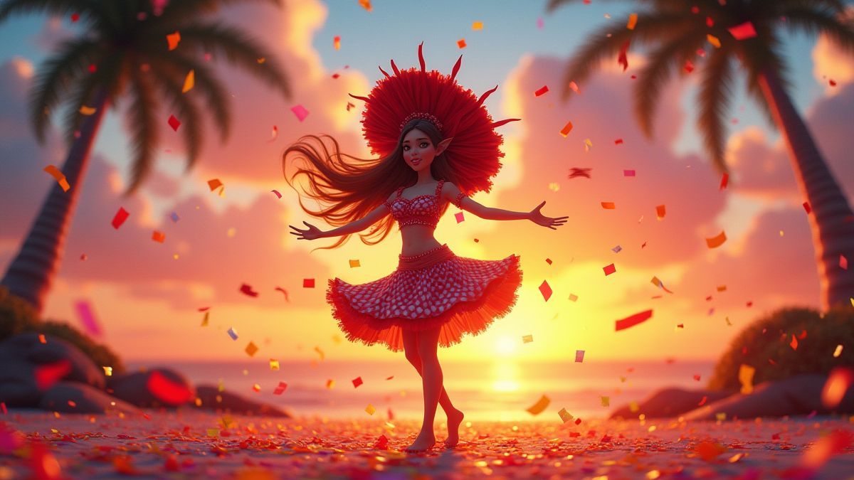 Animated carnival dancer surrounded by confetti and a tropical sunset.