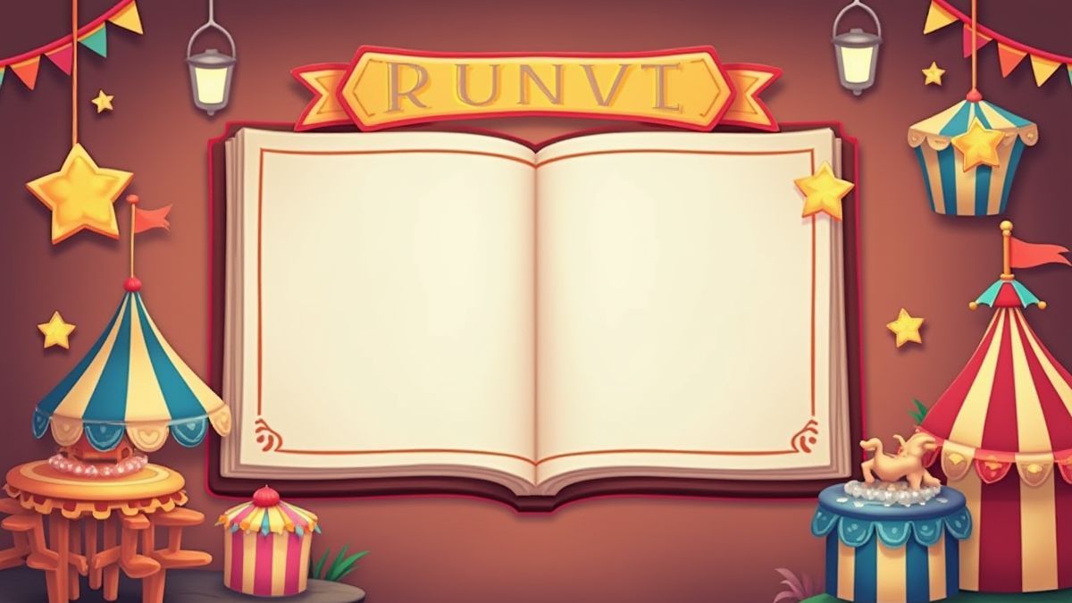 Animated guidebook with carnival-themed decorations.