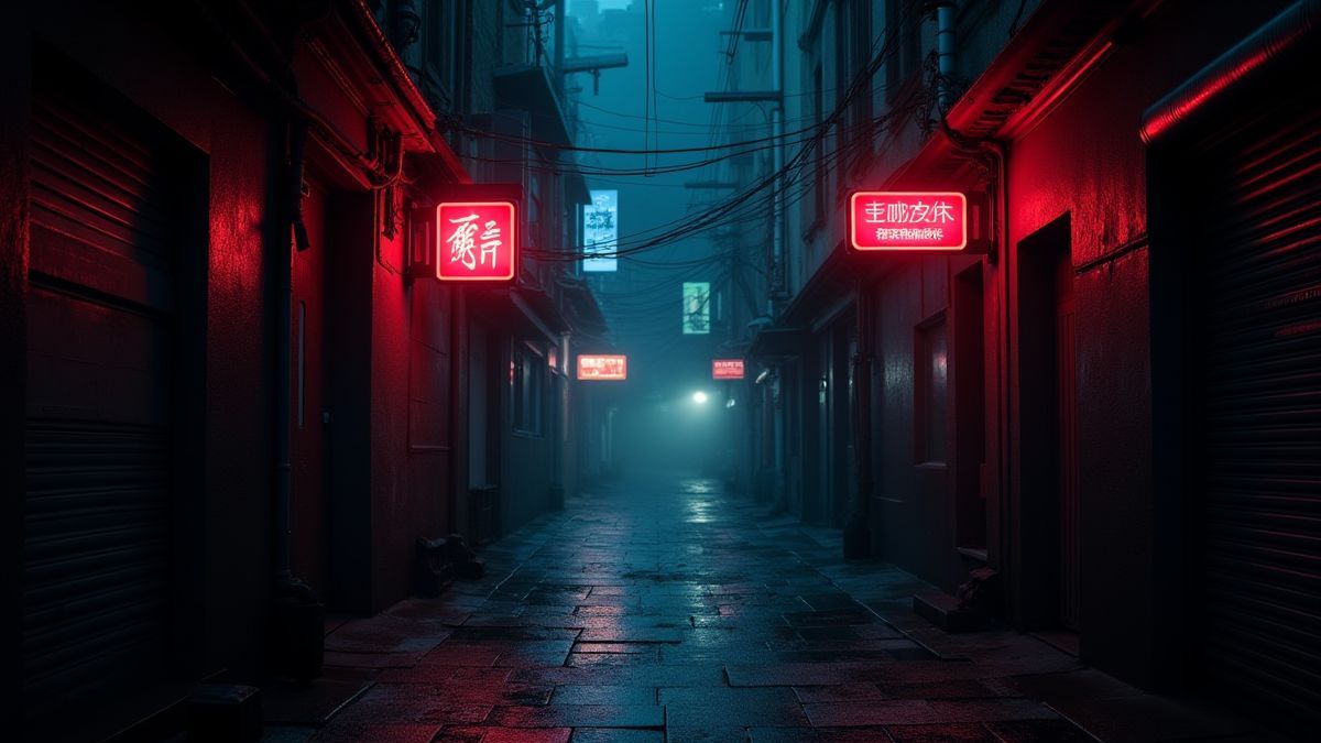 A dark alley with neon lights.
