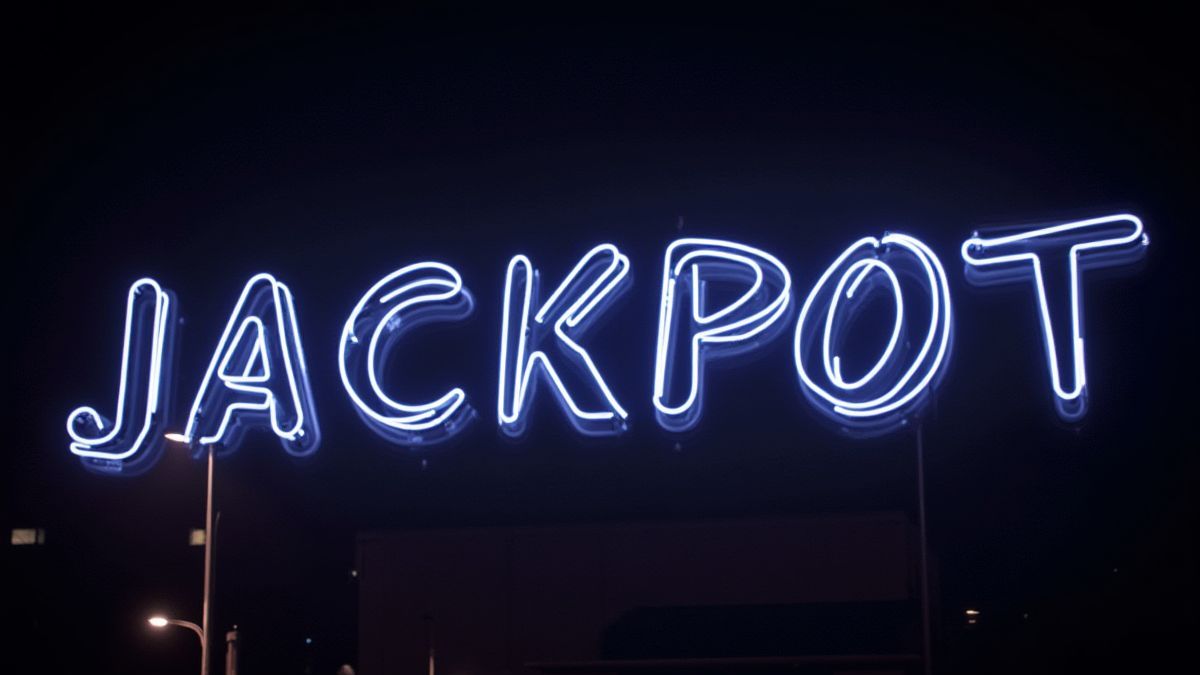 Bright neon lights saying 'Jackpot' in a dark urban environment.