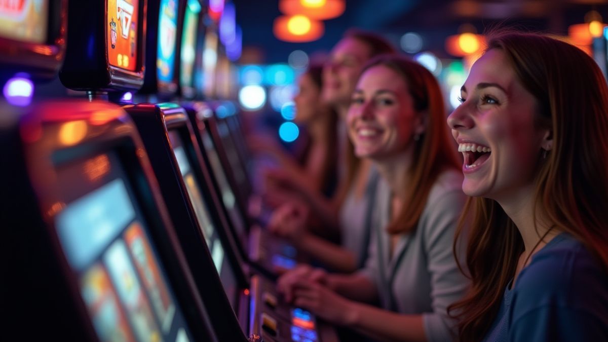 A group of happy people playing slots in a casino.