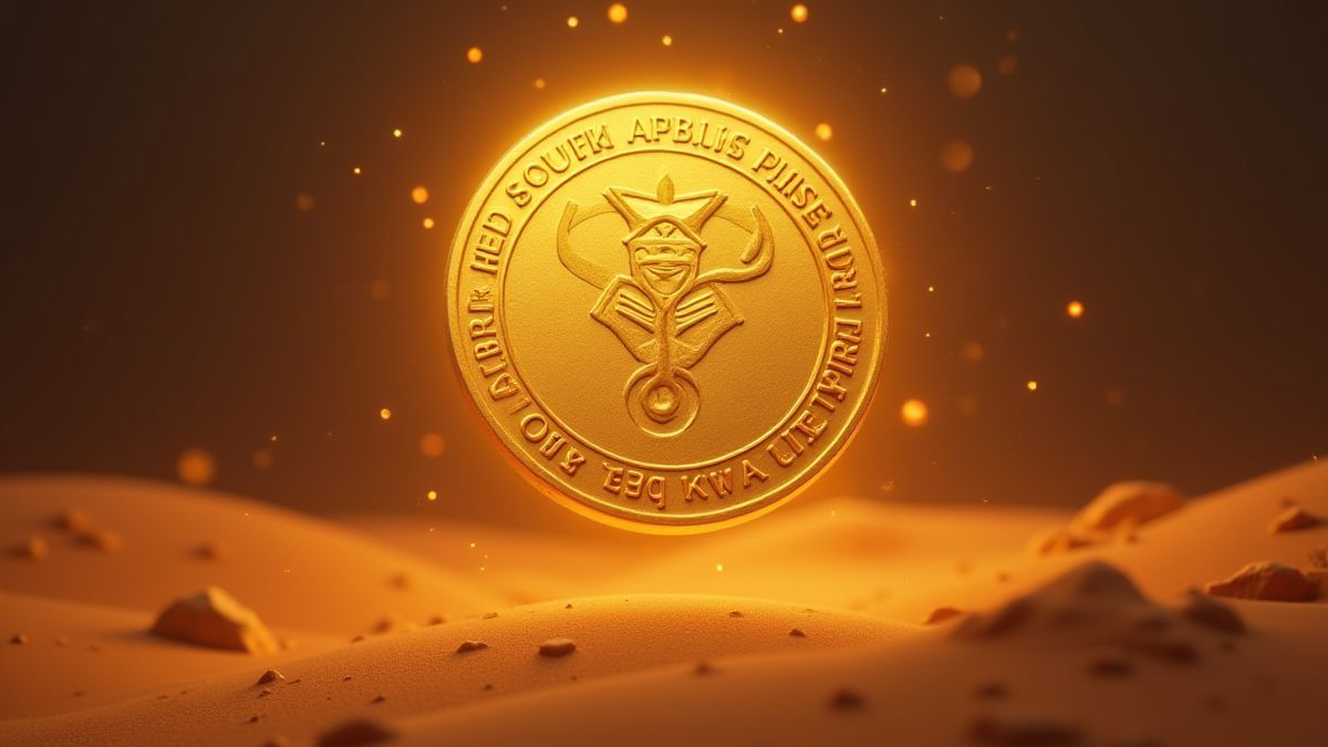 Moeda dourada brilhante com hieróglifos flutuando no deserto.