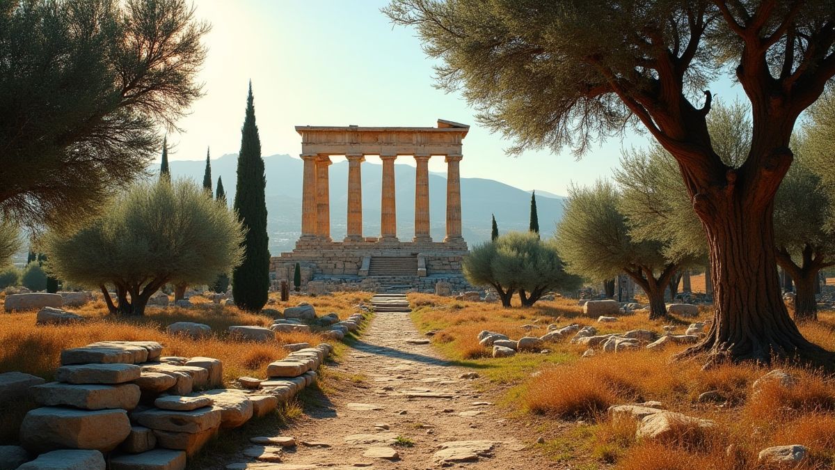 View of a Greek temple surrounded by olive trees and sunlight.