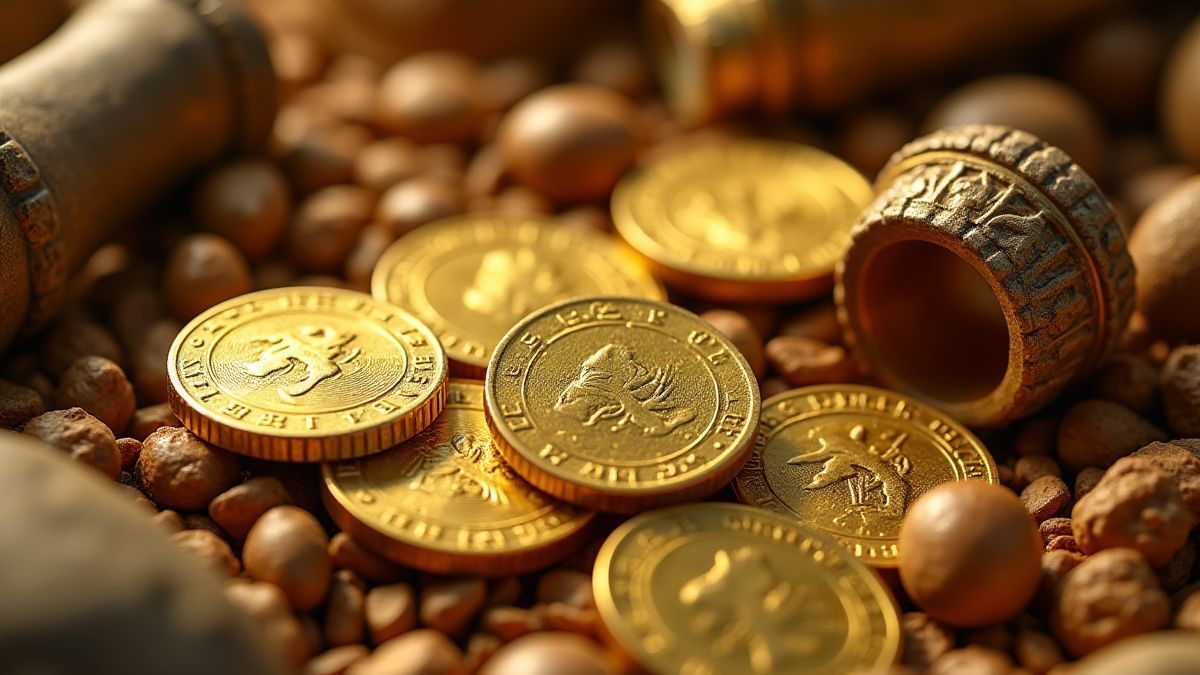 Golden coins and Greek artifacts.